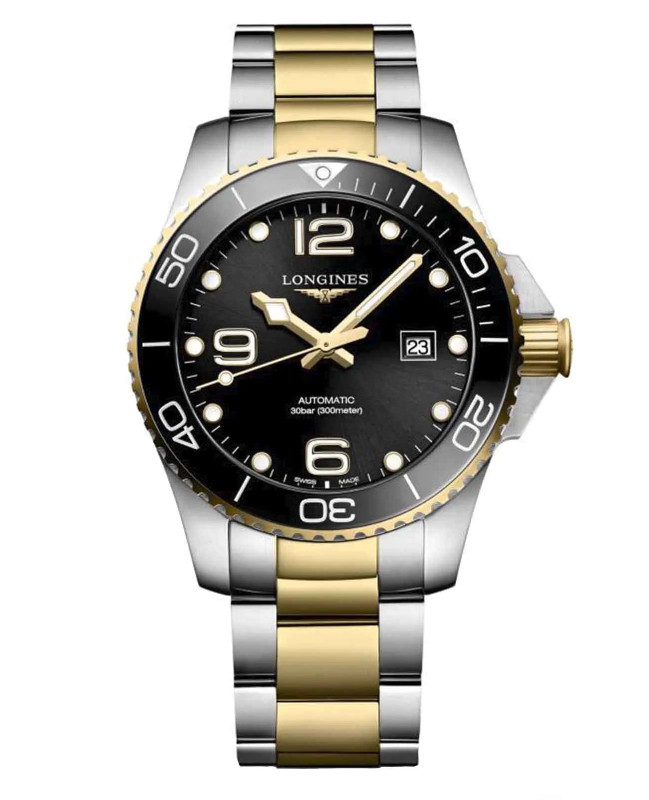 Longines Longines HydroConquest L3.782.3.56.7  L37823567 механические мужские часы черный циферблат, браслет нержавеющая сталь с pvd-покрытием — вид спереди