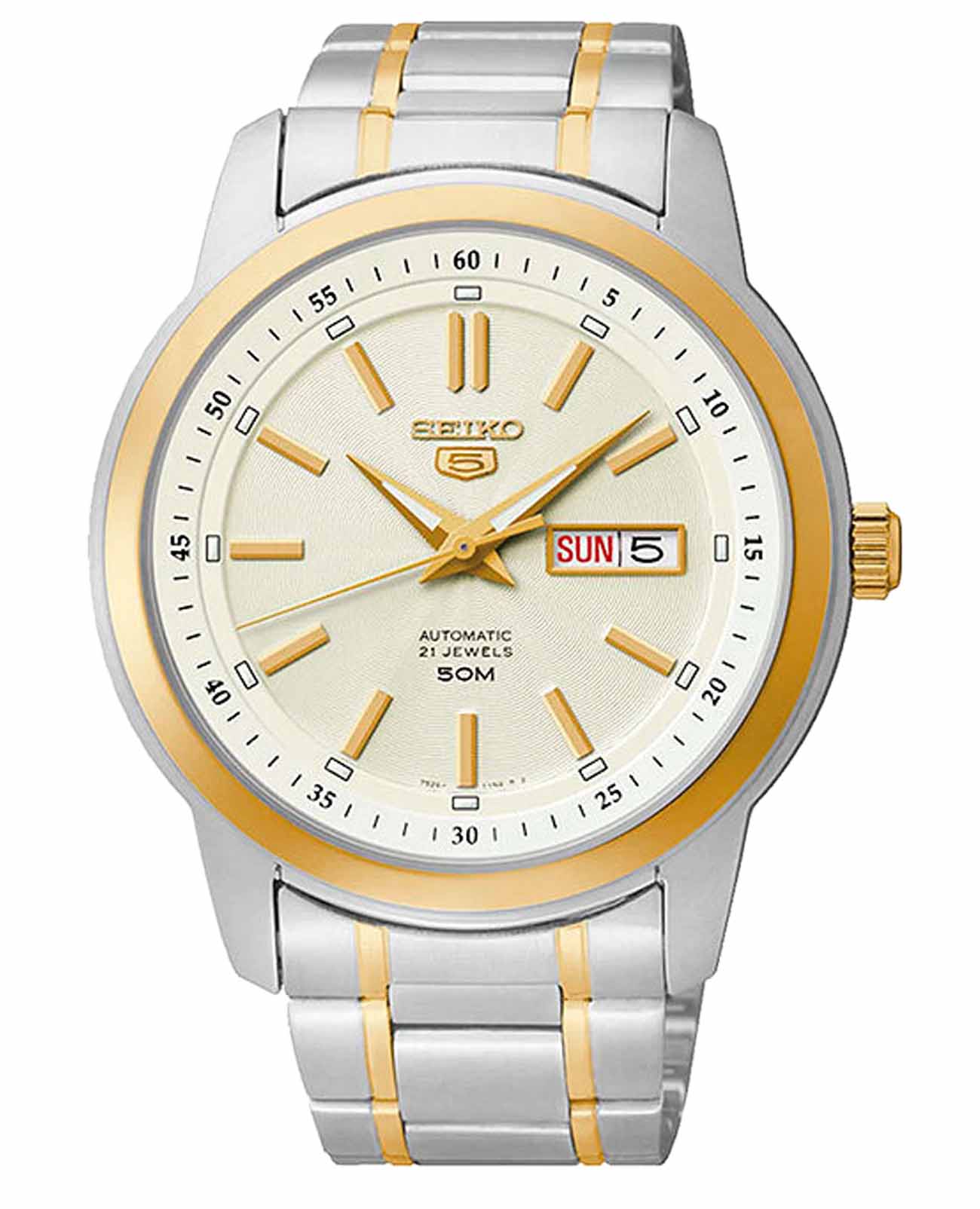 Seiko Seiko 5 Regular SNKM92J1  SNKM92J1 механические мужские часы белый циферблат, браслет сталь c pvd покрытием — вид спереди