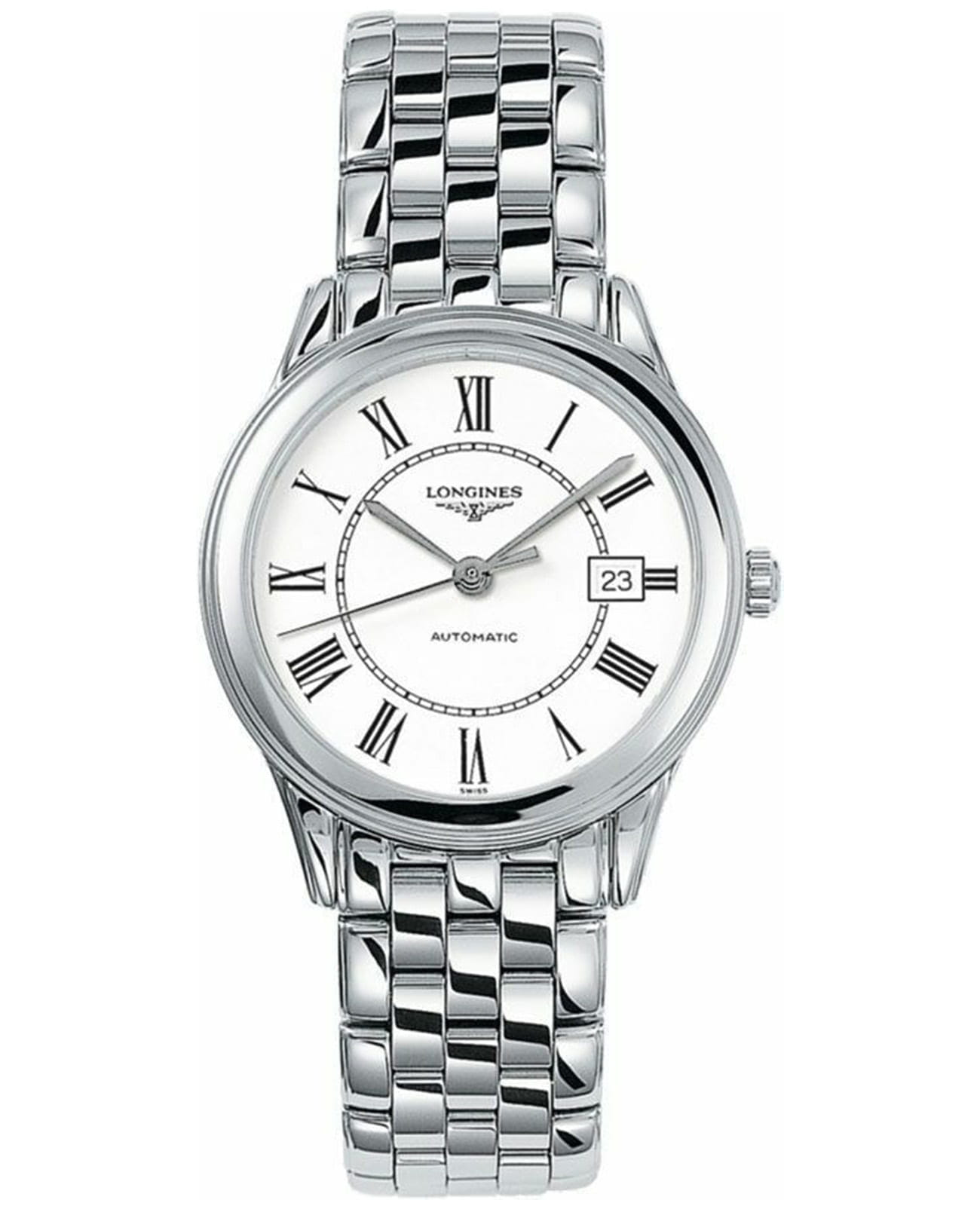 Longines Longines Flagship L4.774.4.21.6  L47744216 механические мужские часы белый циферблат, браслет нержавеющая сталь — вид спереди