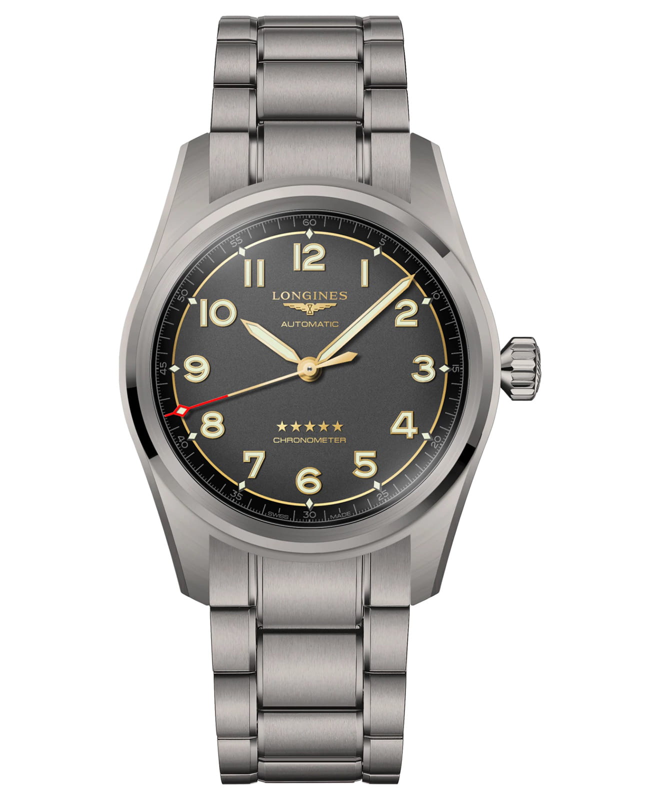 Longines Longines Spirit L3.811.1.53.6  L38111536 механические мужские часы черный циферблат, браслет титановый — вид спереди