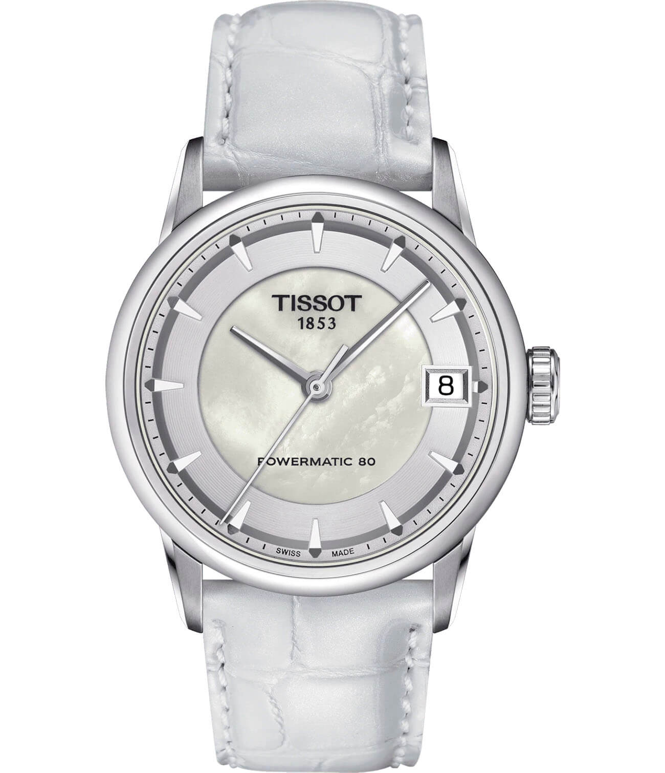 Tissot Tissot Luxury Powermatic 80 T086.207.16.111.00  T0862071611100 механические женские часы белый циферблат, браслет кожаный — вид спереди