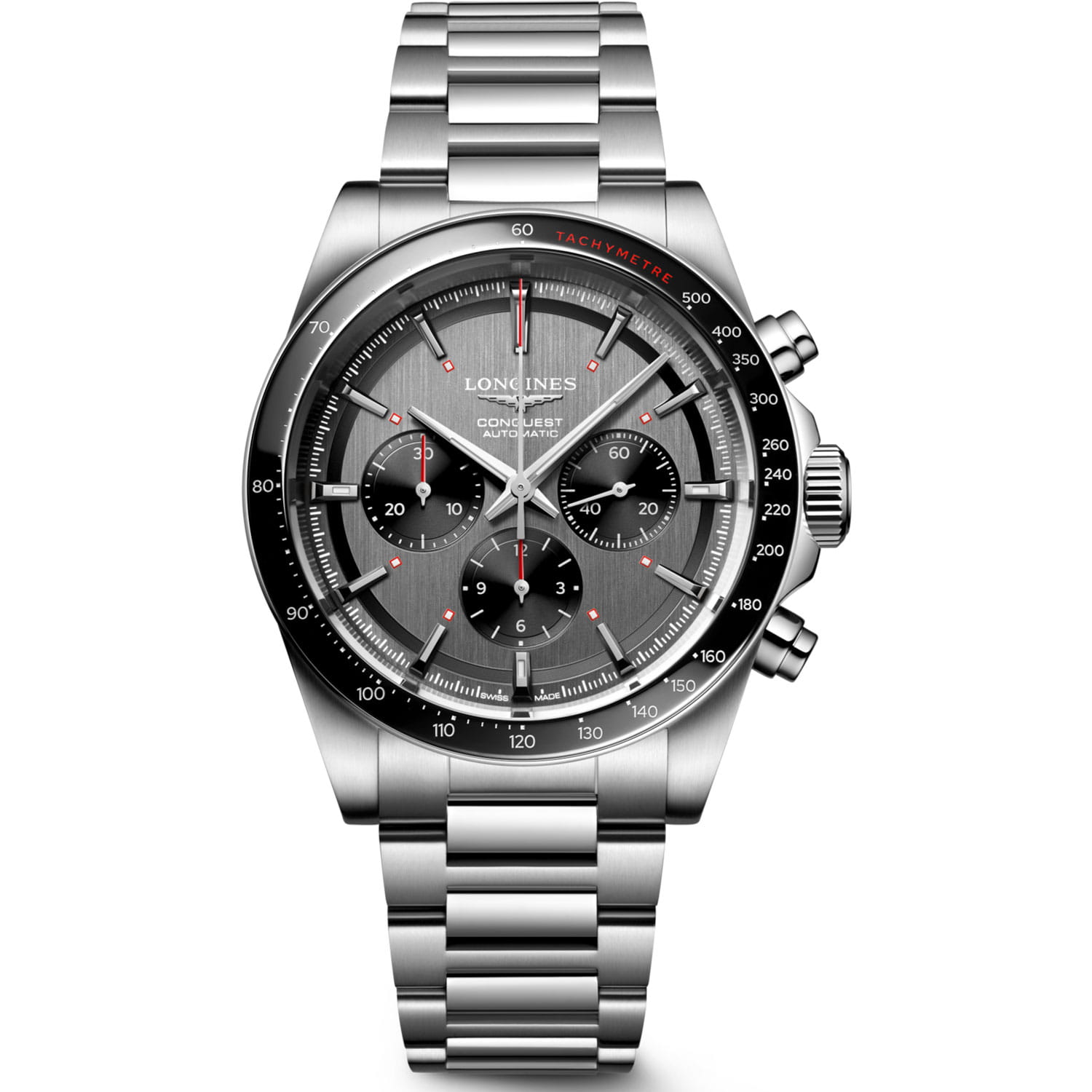 Longines Longines Conquest L3.836.4.52.9  L38364529 механические мужские часы серый циферблат, браслет нержавеющая сталь — вид спереди