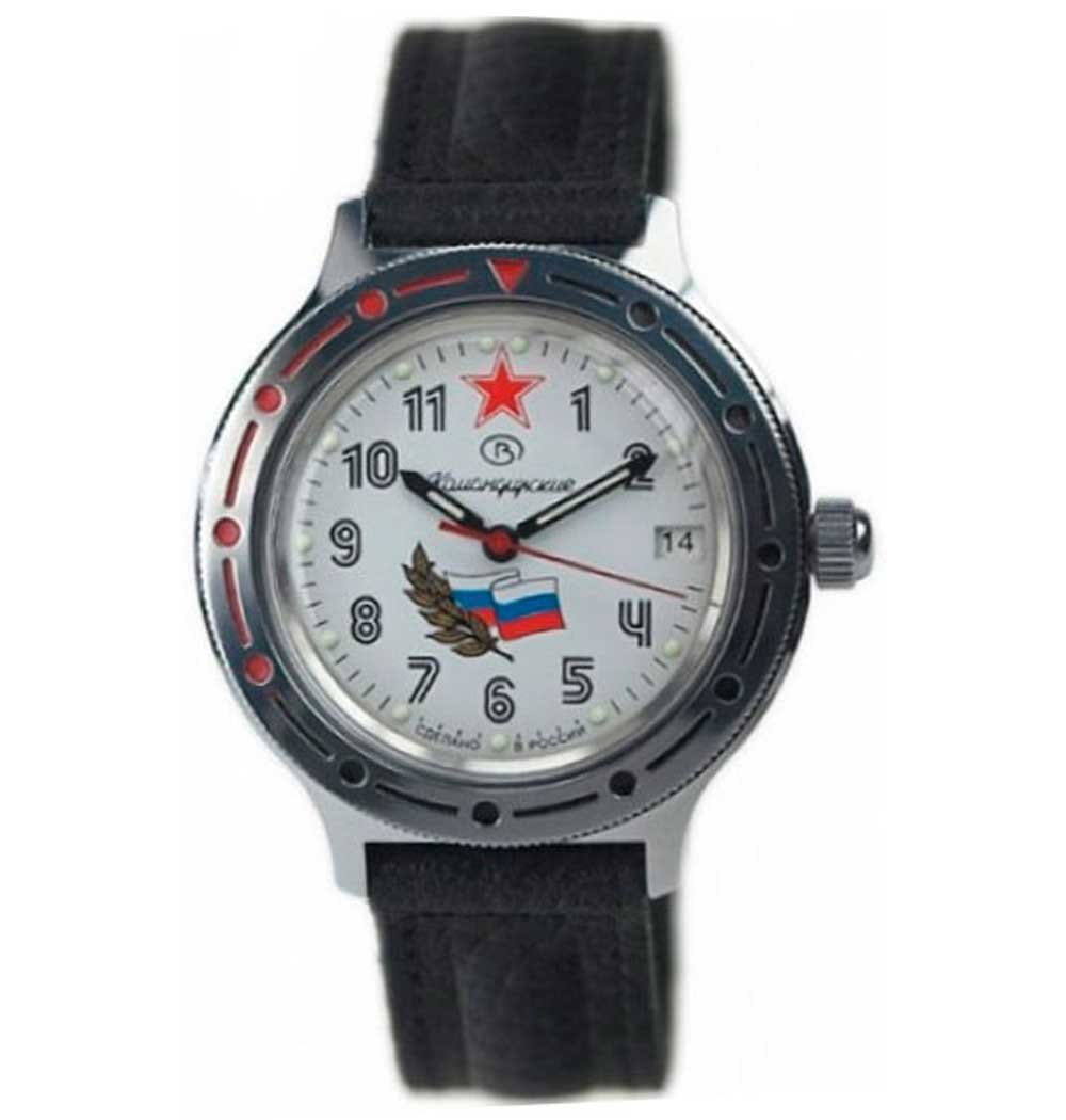 Восток Восток Командирские 921277  921277 механические мужские часы белый циферблат, браслет кожа + текстиль — вид спереди