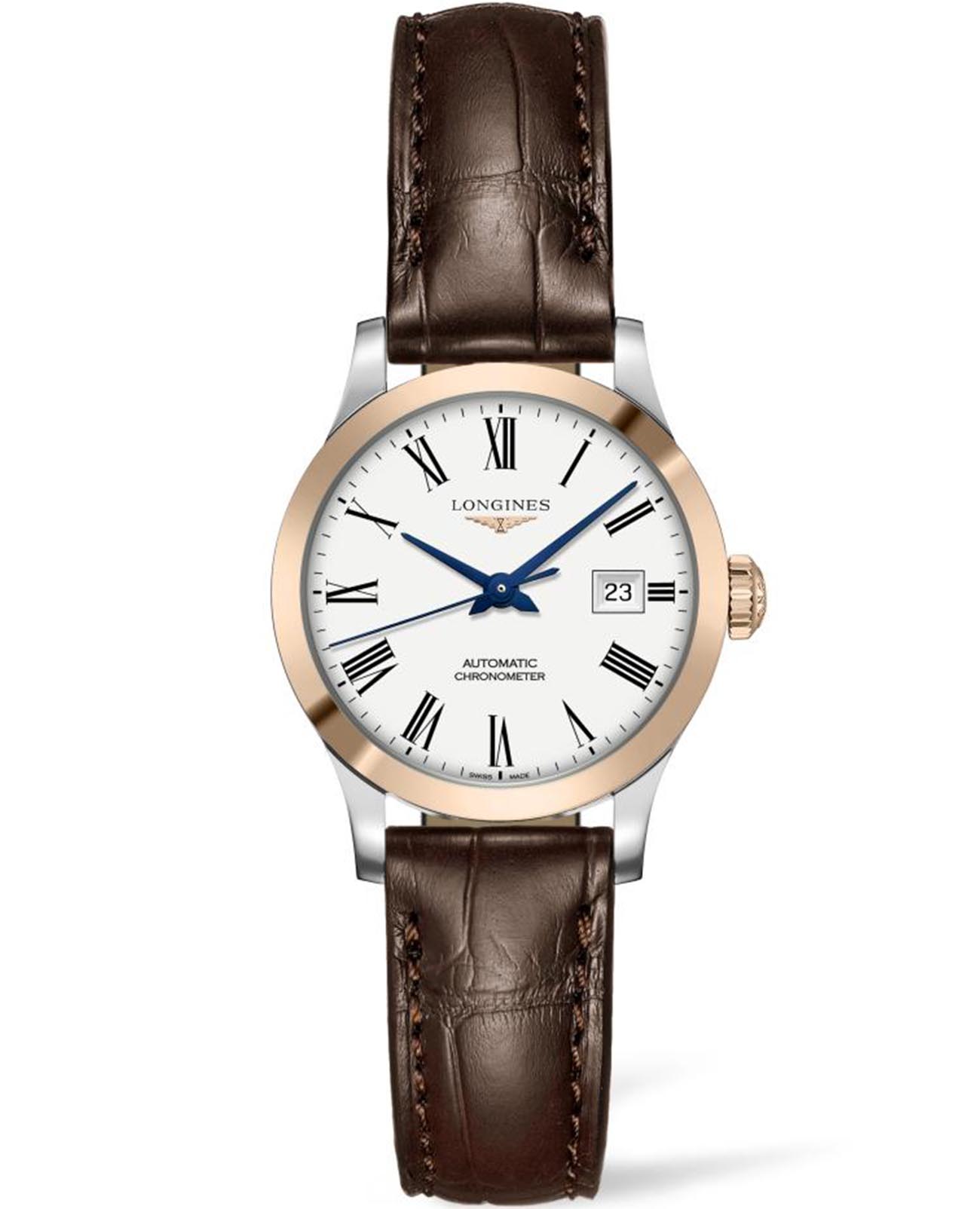 Longines Longines Record Collection L2.321.5.11.2  L23215112 механические женские часы белый циферблат, браслет кожаный — вид спереди