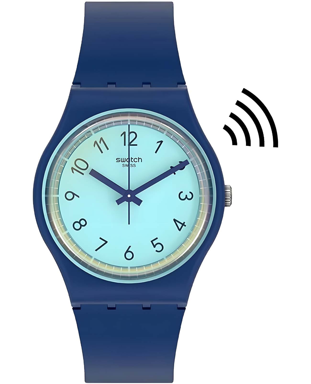 Swatch Swatch Gent Swatch Pay! SVHN102-5300  SVHN102-5300 кварцевые женские часы голубой циферблат, браслет силикон — вид спереди