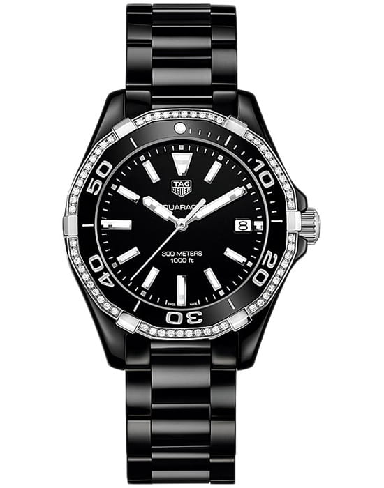 TAG Heuer TAG Heuer Aquaracer WAY1395.BH0716  WAY1395.BH0716 кварцевые женские часы черный циферблат, браслет керамика — вид спереди