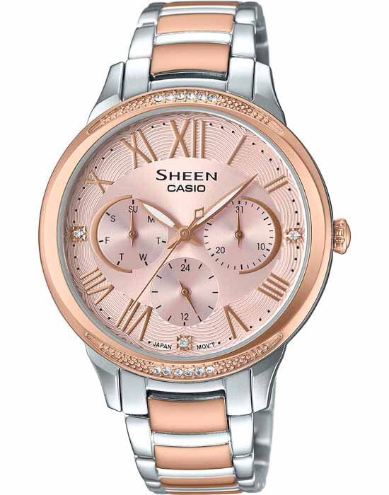 Casio Casio Sheen SHE-3058SPG-4A  SHE-3058SPG-4A кварцевые женские часы розовый циферблат, браслет нержавеющая сталь — вид спереди