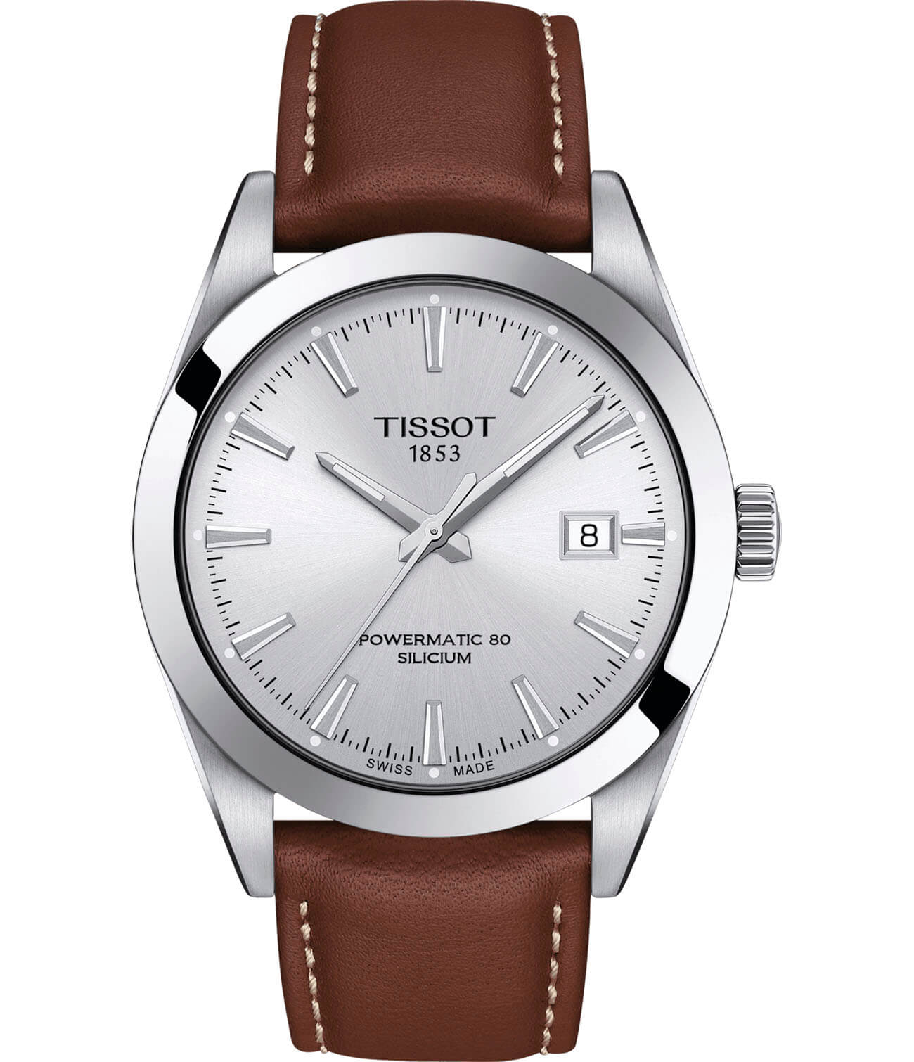 Tissot Tissot Gentleman Powermatic 80 Silicium T127.407.16.031.00 Gentleman T1274071603100 механические мужские часы серебристый циферблат, браслет кожаный — вид спереди