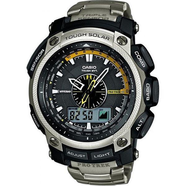 Casio Casio Pro Trek PRW-5000T-7E PRW PRW-5000T-7E кварцевые мужские часы синий циферблат, браслет 18-каратное желтое золото — вид спереди