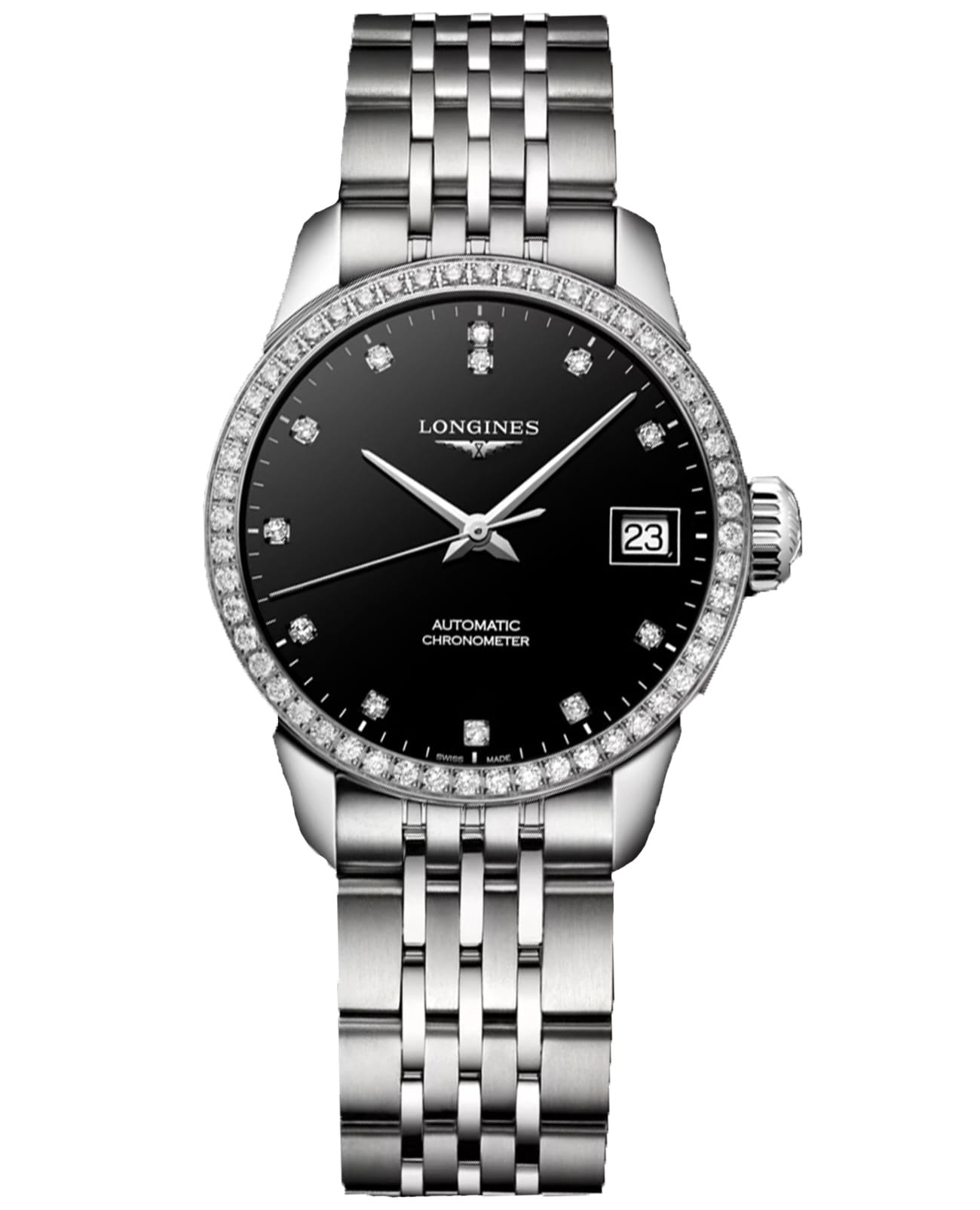 Longines Longines Record Collection L2.320.0.57.6  L23200576 механические женские часы черный циферблат, браслет нержавеющая сталь — вид спереди