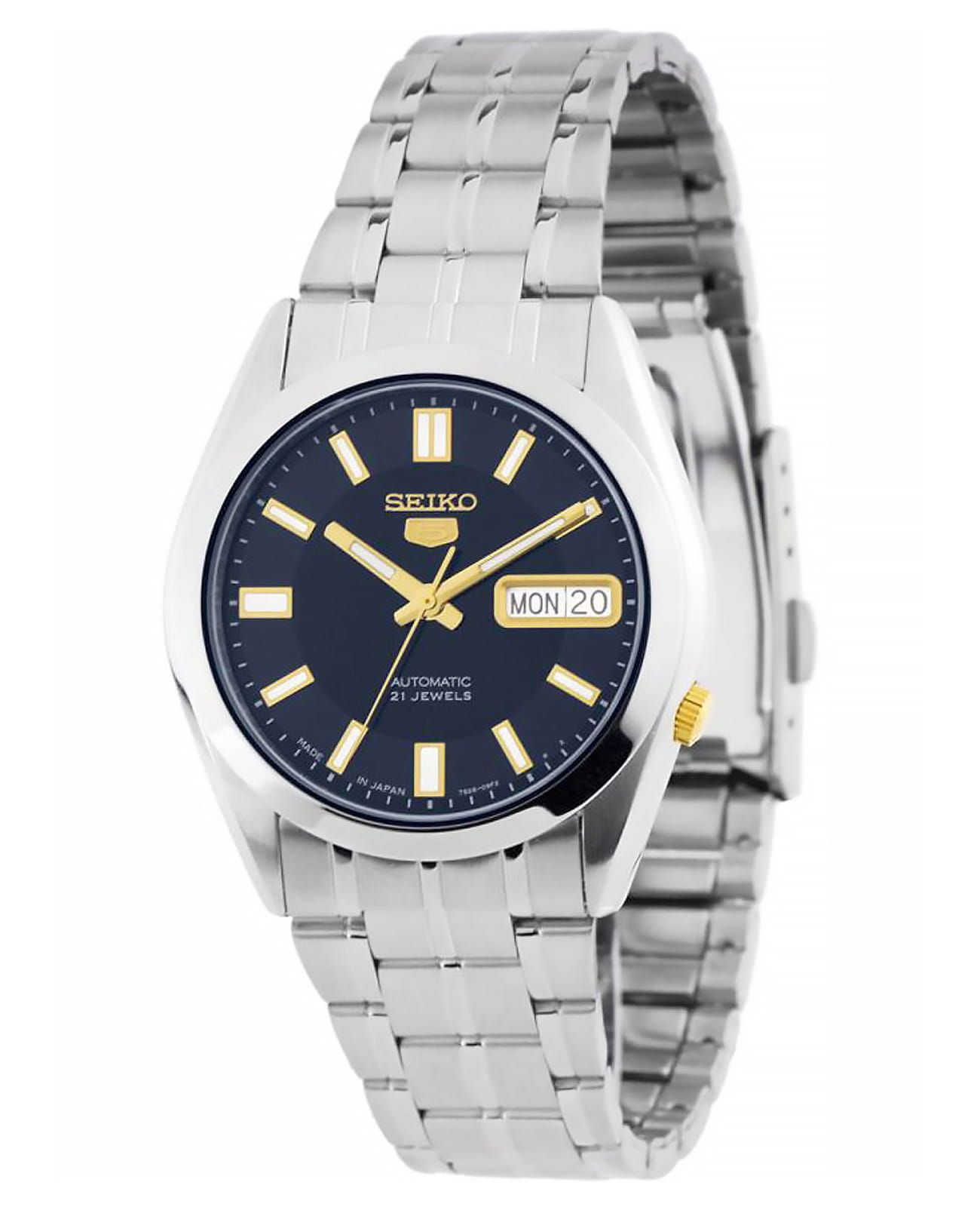 Seiko Seiko Seiko 5 SNKF15J1  SNKF15J1 механические мужские часы синий циферблат, браслет нержавеющая сталь — вид спереди