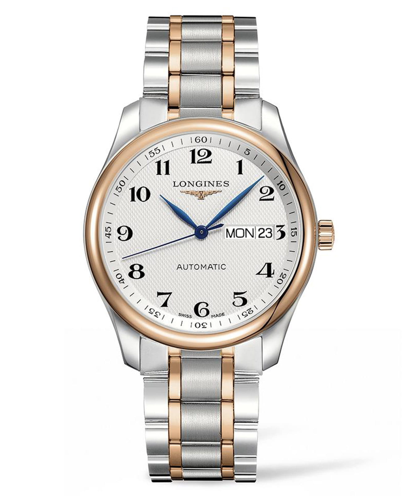 Longines Longines Master Collection L2.755.5.79.7  L27555797 механические мужские часы белый циферблат, браслет нержавеющая сталь с pvd-покрытием — вид спереди