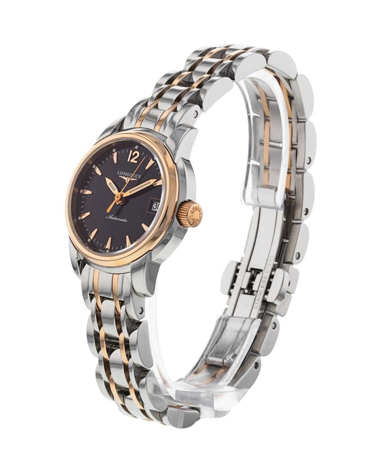 Longines Longines Saint-Imier L2.263.5.52.7, master collection швейцария женские часы на браслете нержавеющая сталь и 18 каратное розовое золото боковой вид