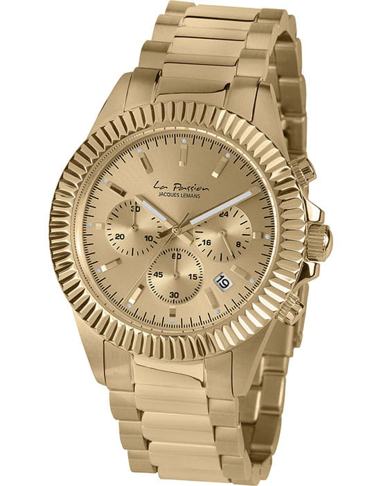 Jacques Lemans Jacques Lemans La Passion LP-111M  LP-111M кварцевые женские часы золотой циферблат, браслет сталь с ip покрытием — вид спереди
