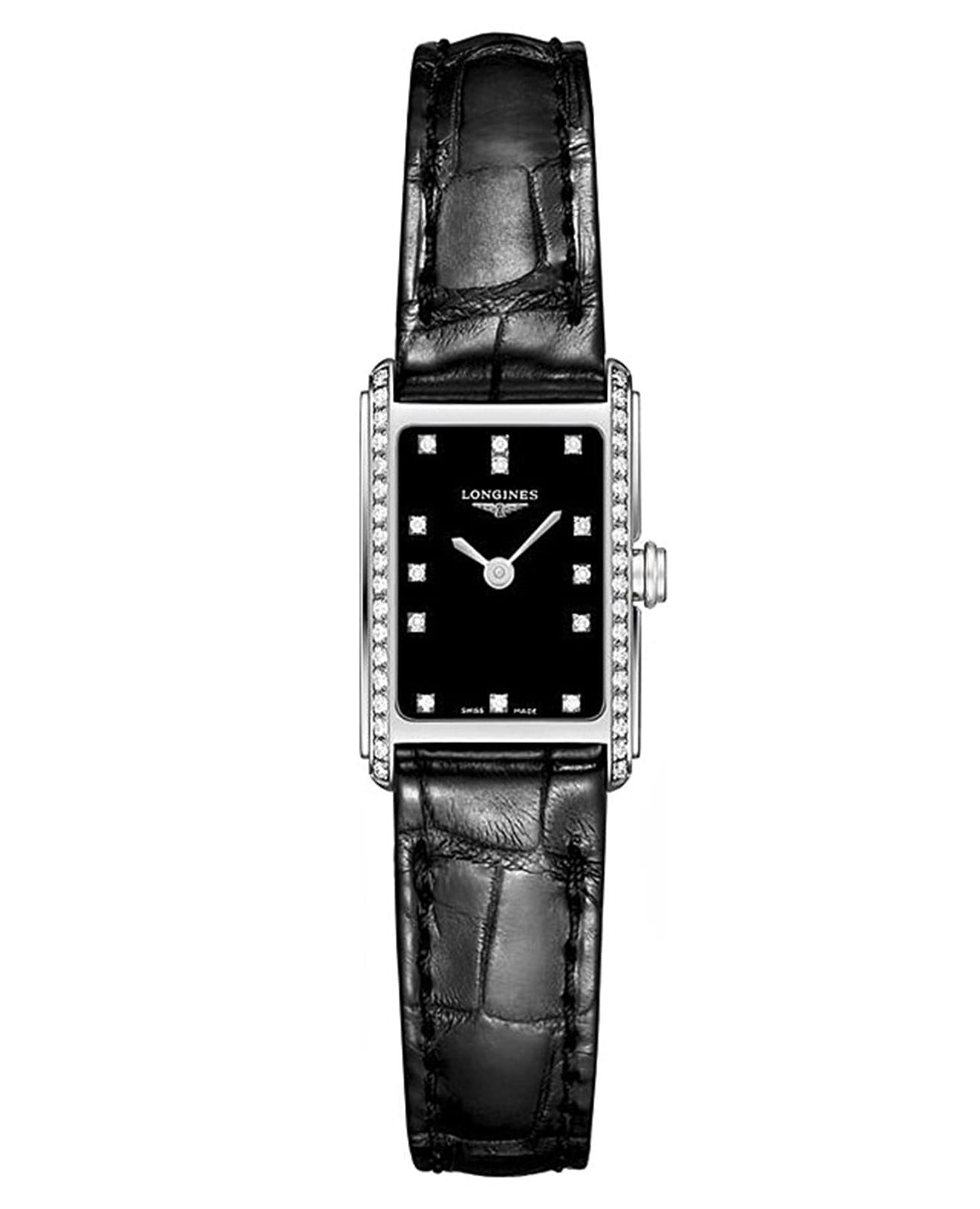 Longines Longines DolceVita L5.258.0.57.0  L52580570 кварцевые женские часы черный циферблат, браслет кожаный — вид спереди