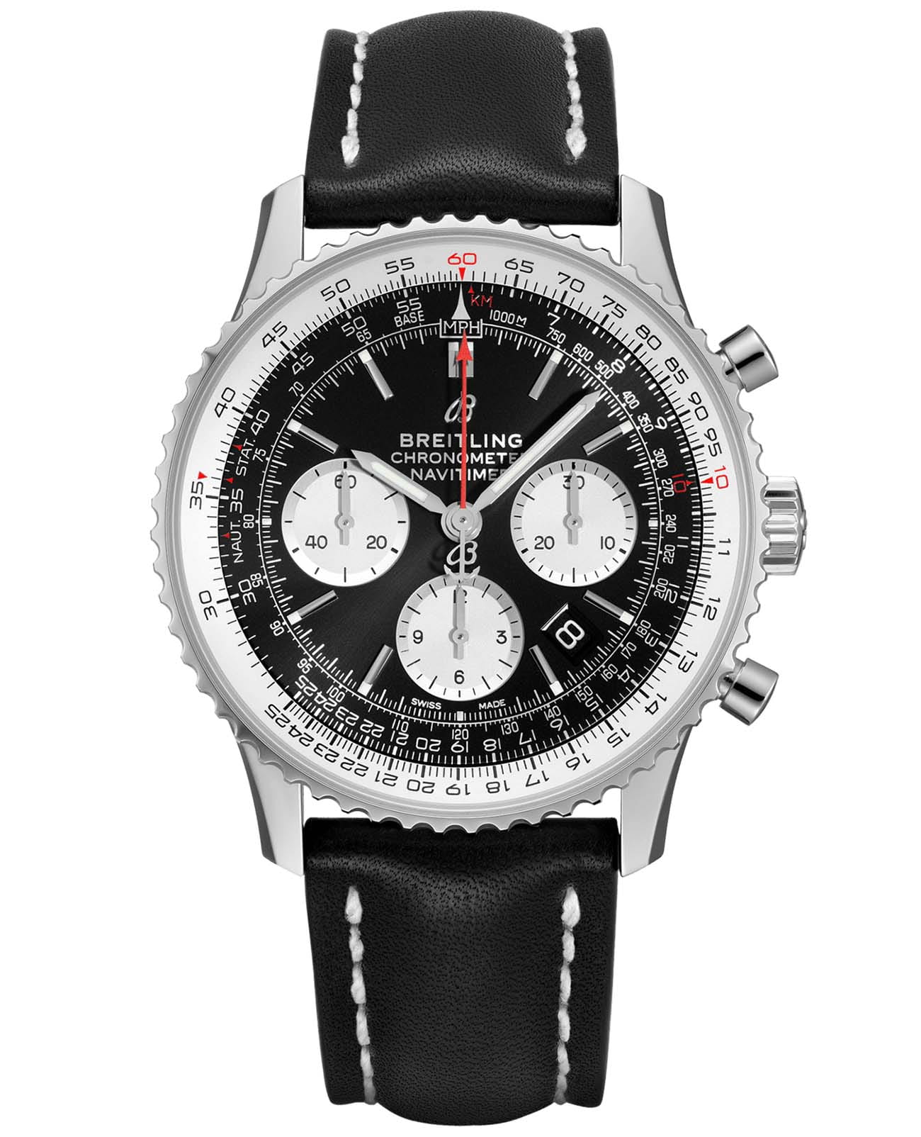 Breitling Breitling Navitimer B01 Chronograph 43 AB0121211B1X1  AB0121211B1X1 механические мужские часы черный циферблат, браслет кожаный — вид спереди