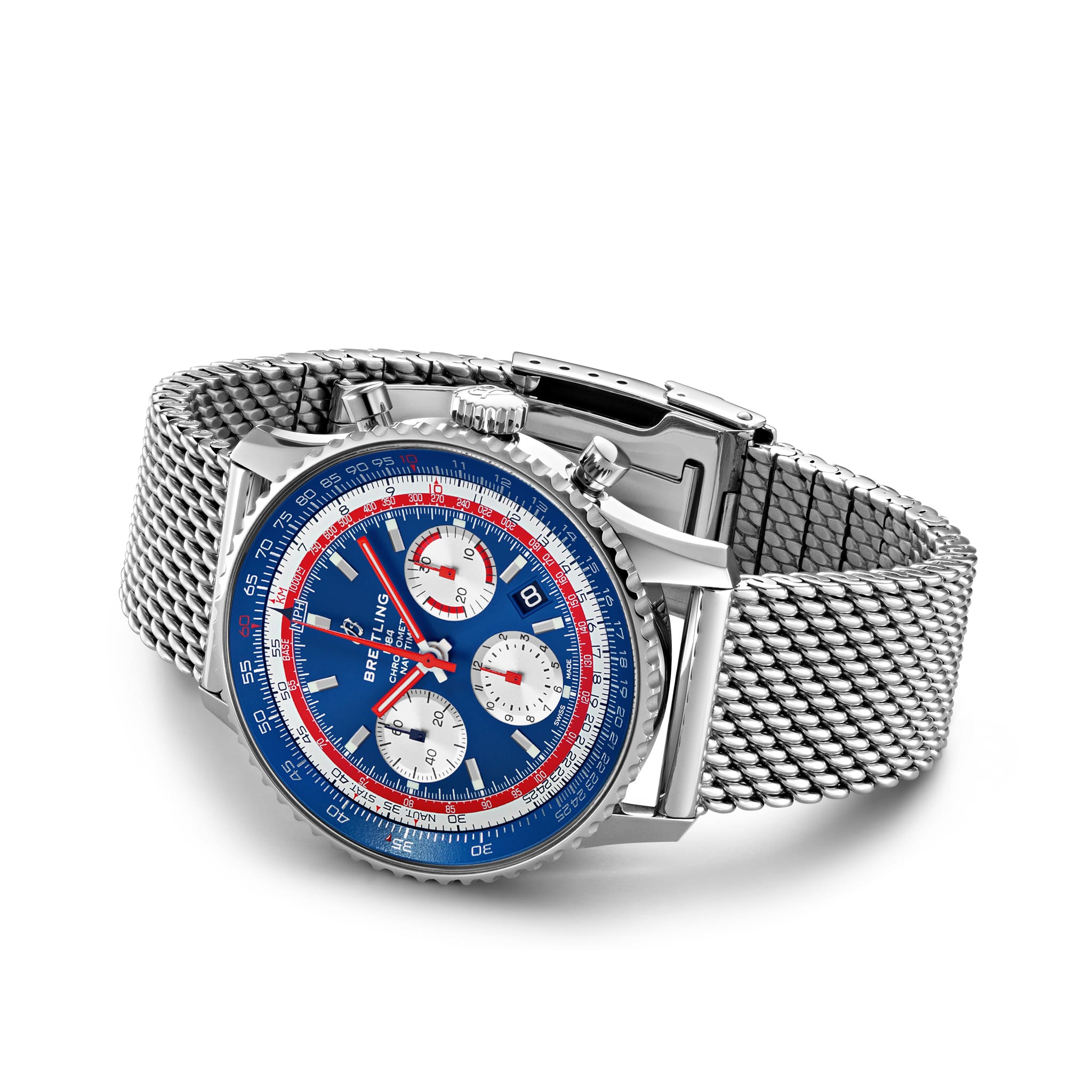 Breitling Breitling Navitimer B01 Chronograph 43 Pan AM AB01212B1C1A1, navitimer швейцария мужские часы на браслете нержавеющая сталь боковой вид