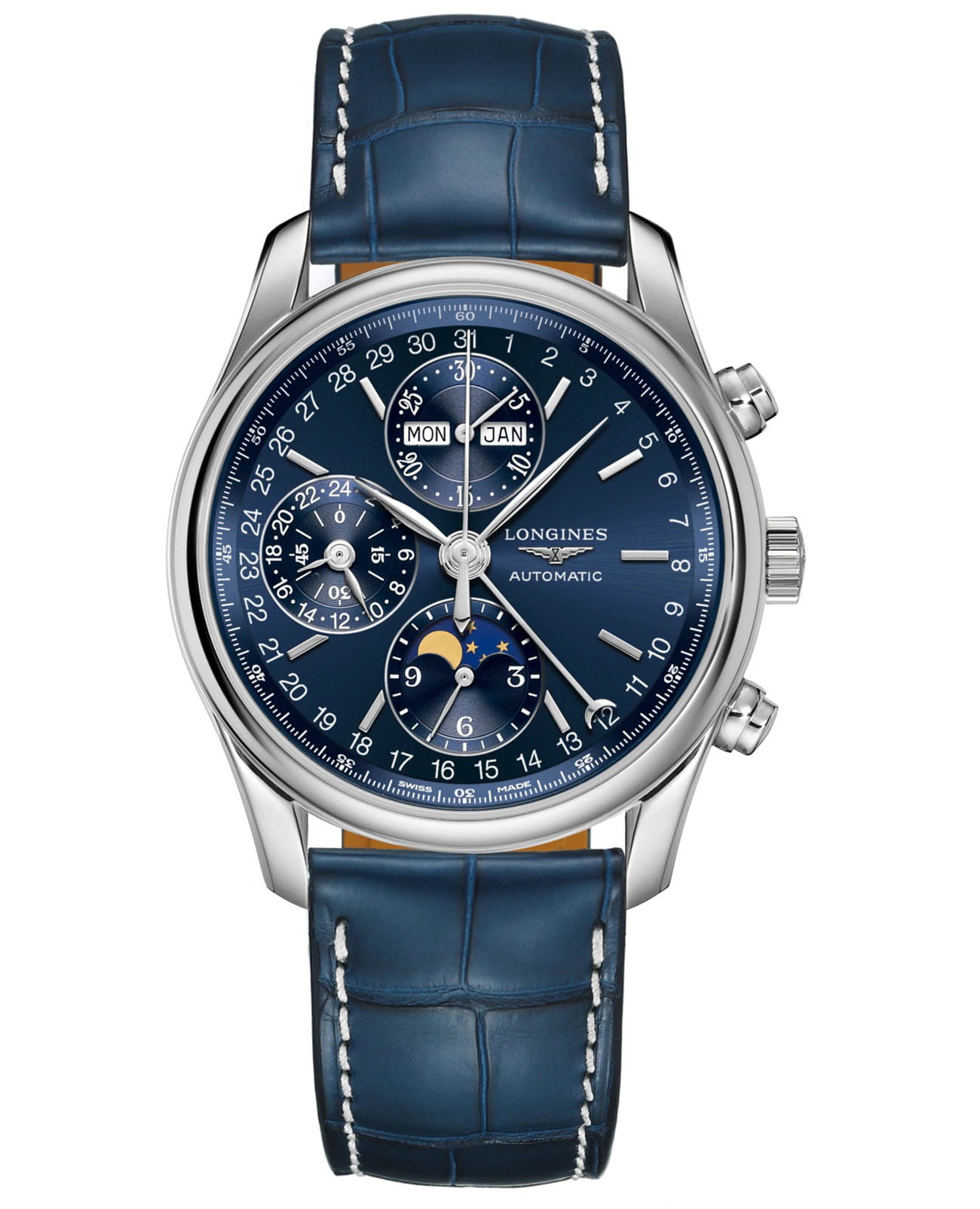 Longines Longines Master Collection L2.673.4.92.0  L26734920 механические мужские часы синий циферблат, браслет кожаный — вид спереди