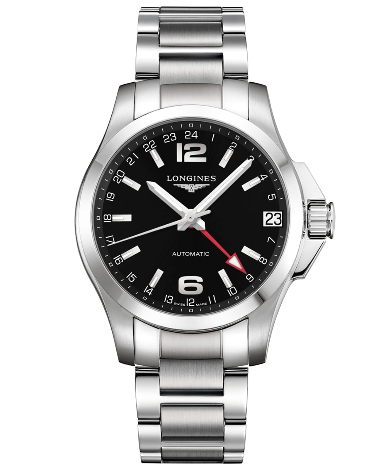 Longines Longines Conquest L3.687.4.56.6  L36874566 механические мужские часы черный циферблат, браслет нержавеющая сталь — вид спереди
