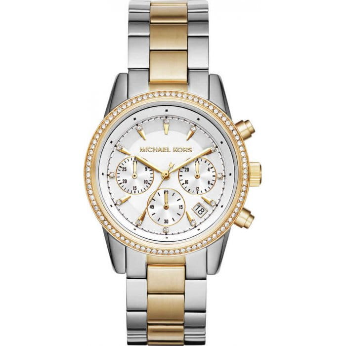 Michael Kors Michael Kors Ritz MK6474  MK6474 кварцевые женские часы серебристый циферблат, браслет сталь c pvd покрытием — вид спереди