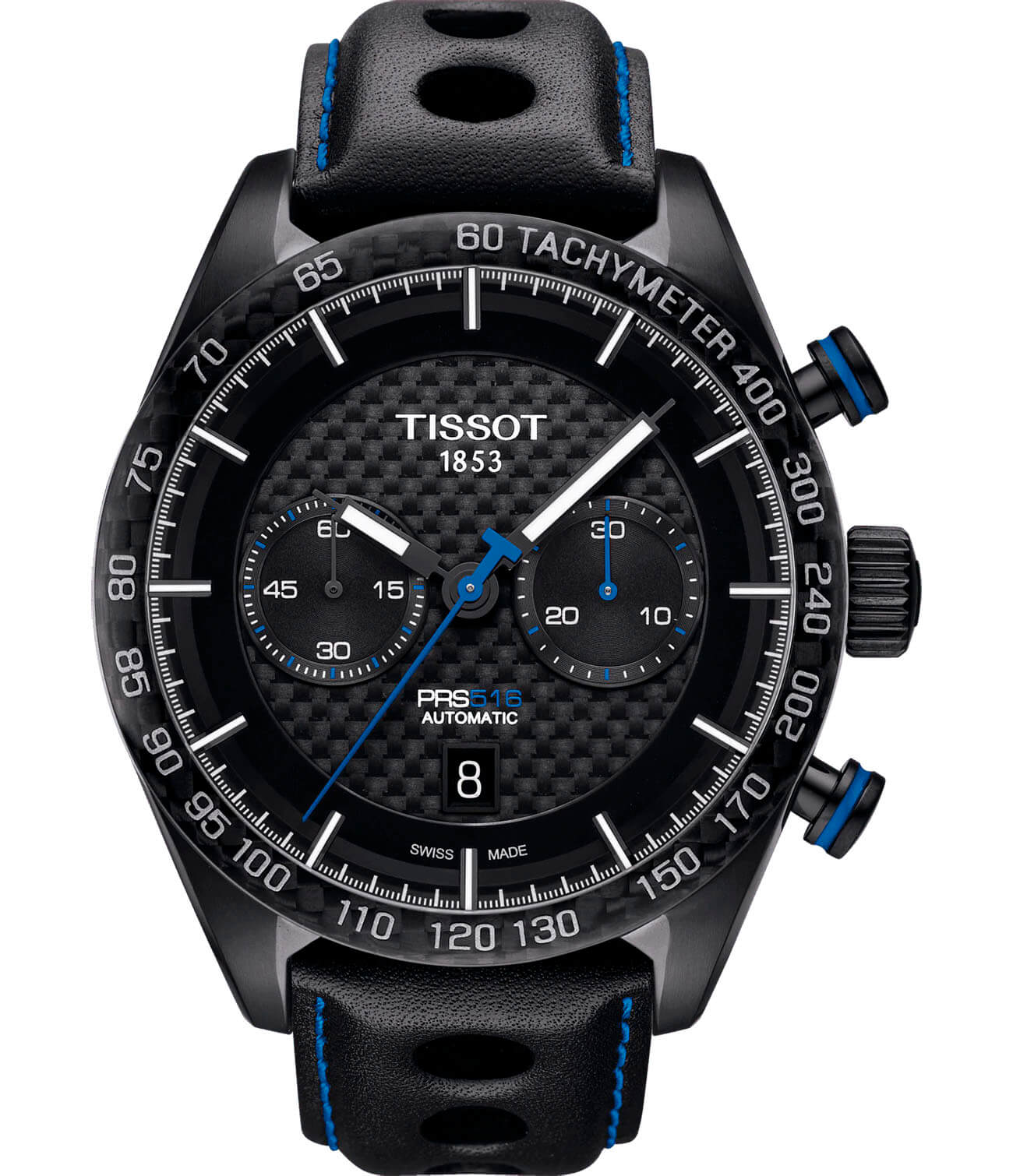 Tissot Tissot PRS 516 Automatic Chronograph T100.427.36.201.00 PRS 516 T1004273620100 механические мужские часы черный циферблат, браслет кожаный — вид спереди
