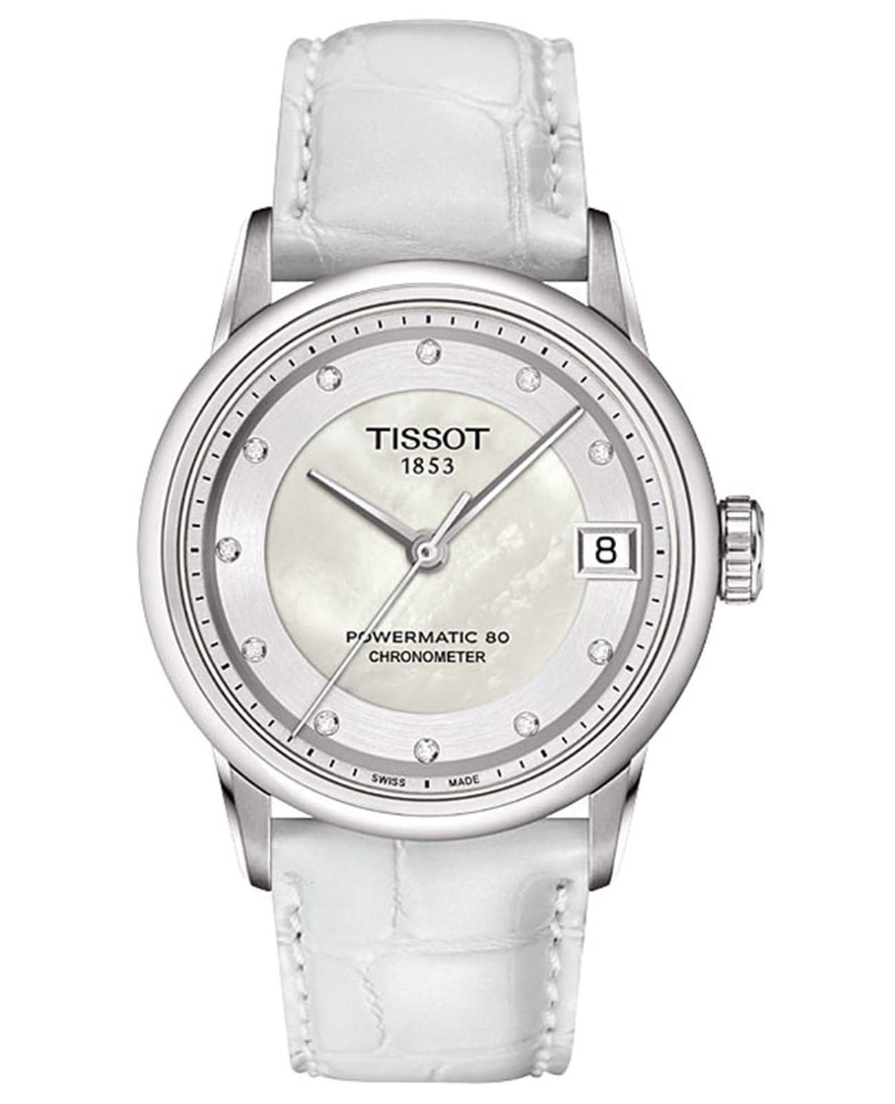 Tissot Tissot T-Classic Luxury Automatic T086.208.16.116.00  T0862081611600 механические женские часы перламутровый циферблат, браслет кожаный — вид спереди