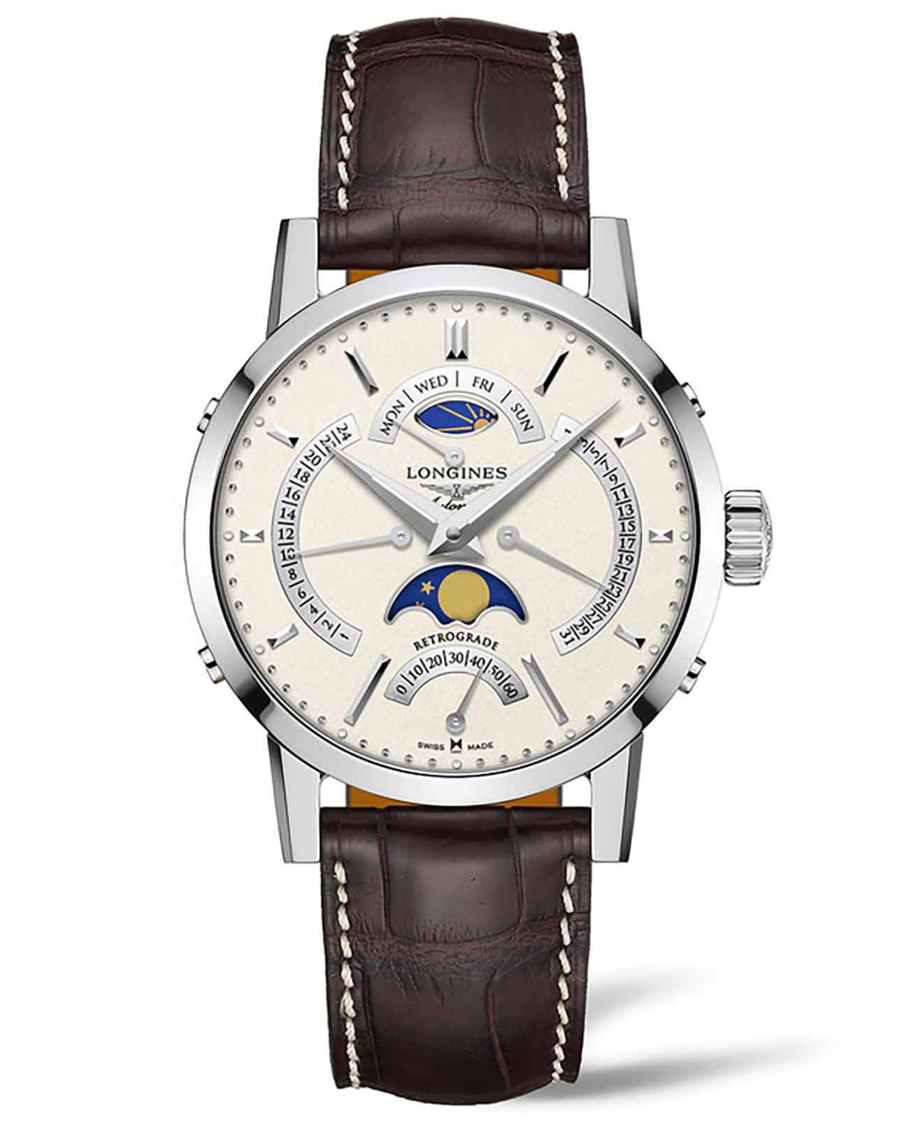 Longines Longines 1832 L4.828.4.92.2  L48284922 механические мужские часы белый циферблат, браслет кожаный — вид спереди