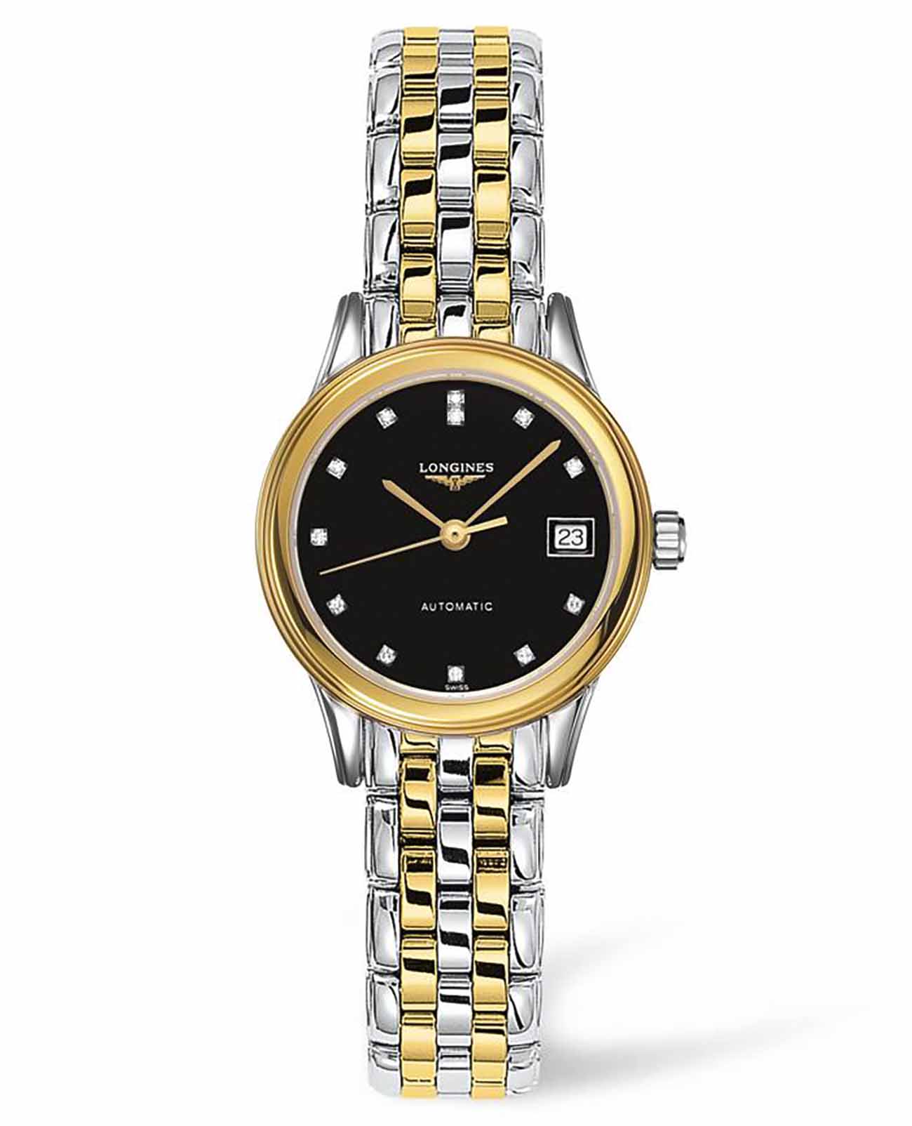 Longines Longines Flagship L4.274.3.57.7  L42743577 механические женские часы черный циферблат, браслет сталь c pvd покрытием — вид спереди