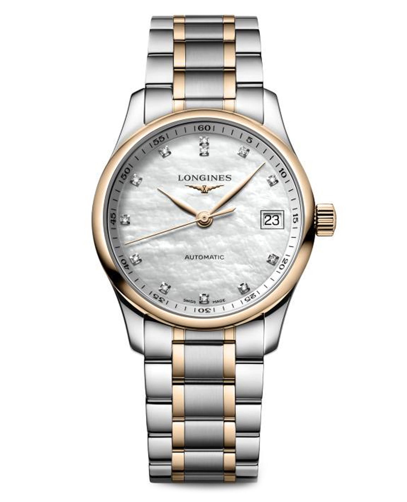 Longines Longines Master Collection L2.357.5.89.7  L23575897 механические женские часы перламутровый циферблат, браслет нержавеющая сталь и 18 каратное розовое золото — вид спереди