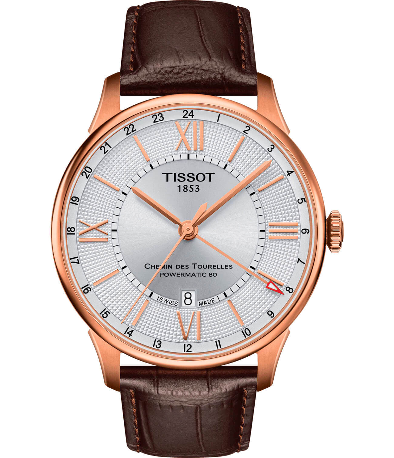 Tissot Tissot Chemin des Tourelles GMT T099.429.36.038.00 Chemin des Tourelles T0994293603800 механические мужские часы серебристый циферблат, браслет кожаный — вид спереди