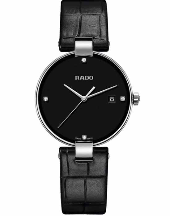 Rado Rado Coupole Diamonds R22852705 (36mm)  R22852705 кварцевые женские часы черный циферблат, браслет кожаный — вид спереди