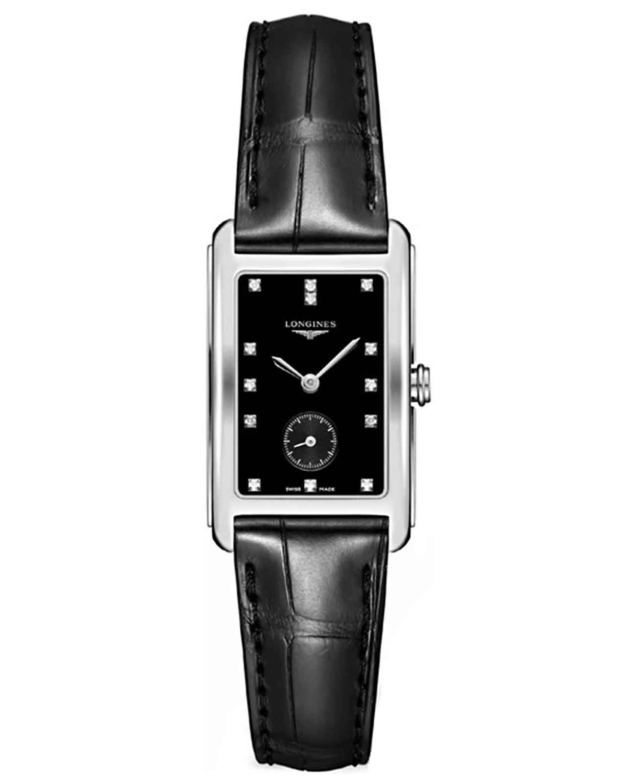 Longines Longines DolceVita L5.512.4.57.0  L55124570 кварцевые женские часы черный циферблат, браслет кожаный — вид спереди