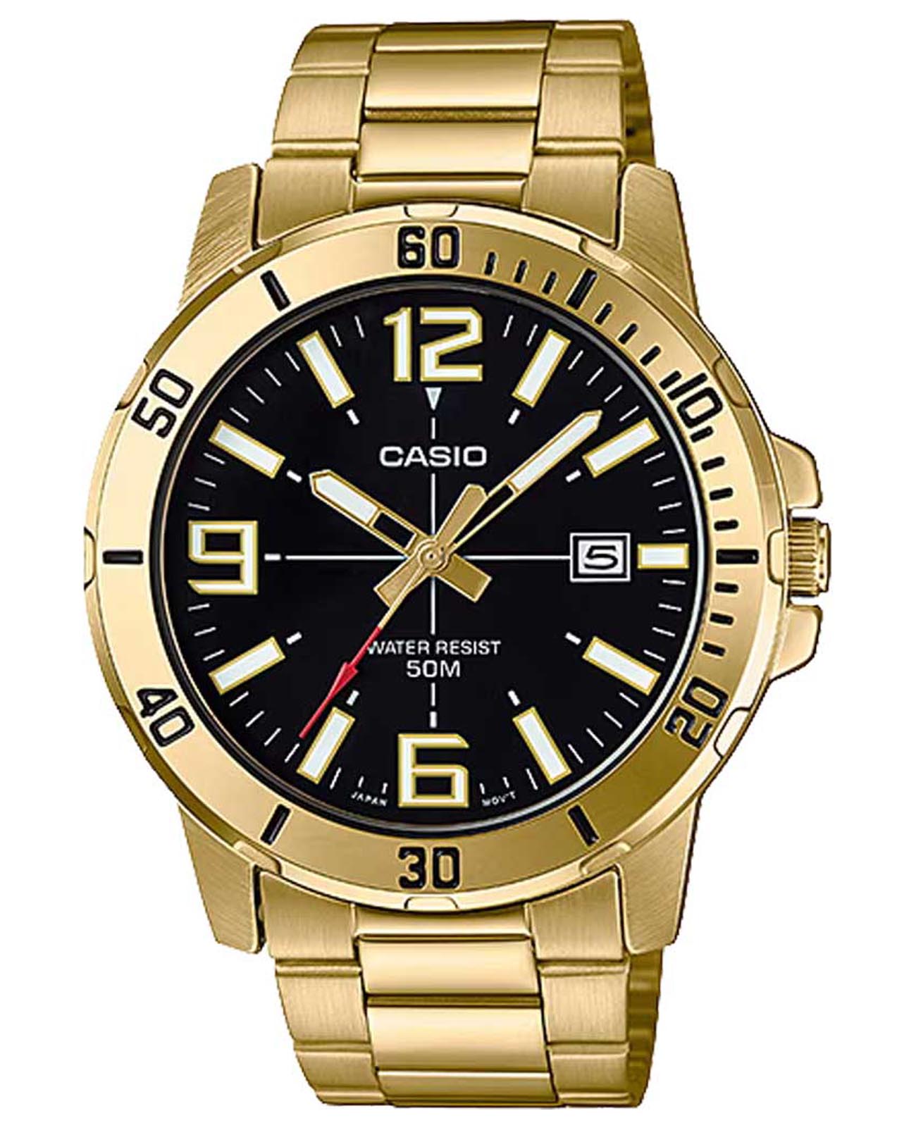 Casio Casio Collection MTP-VD01G-1BVUDF (MTP-VD01G-1B)  MTP-VD01G-1B кварцевые мужские часы черный циферблат, браслет сталь с ip покрытием — вид спереди