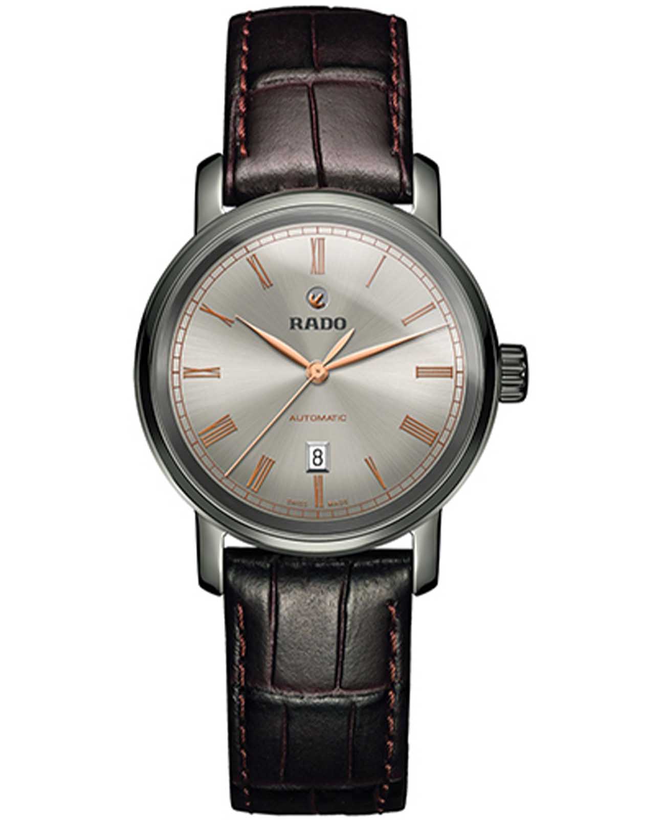 Rado Rado Diamaster R14026105 Automatic R14026105 механические женские часы серебристый циферблат, браслет кожаный — вид спереди