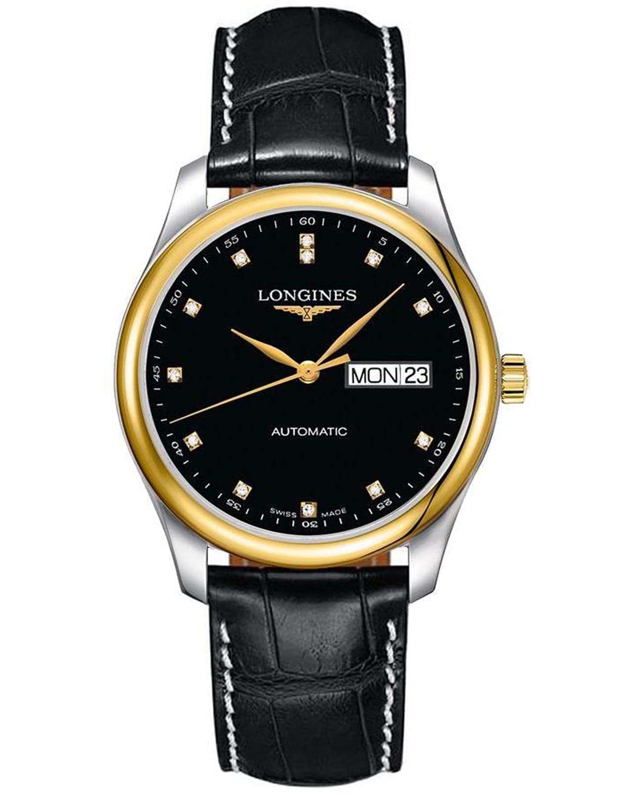 Longines Longines Master Collection L2.755.5.57.2  L27555572 механические мужские часы черный циферблат, браслет кожаный — вид спереди