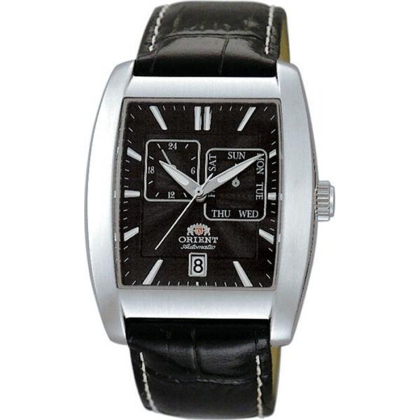 Orient Orient ETAB004B (FETAB004B)  FETAB004B механические мужские часы черный циферблат, браслет кожа + текстиль — вид спереди