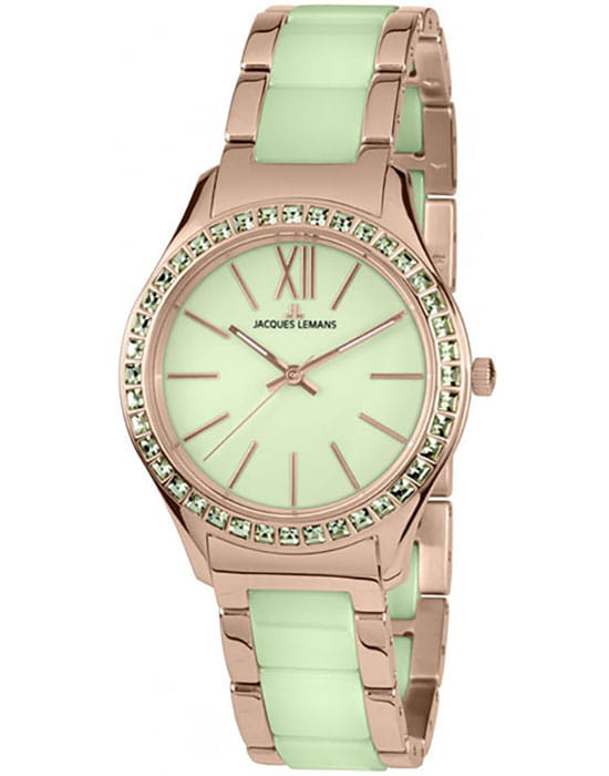 Jacques Lemans Jacques Lemans 1-1797N  1-1797N кварцевые женские часы зеленый циферблат, браслет сталь + керамические вставки — вид спереди