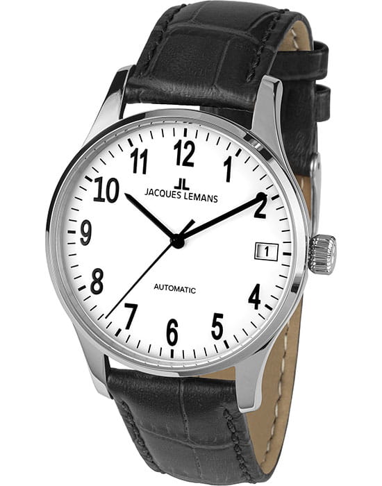Jacques Lemans Jacques Lemans London 1-2074C  1-2074C механические женские часы белый циферблат, браслет кожаный — вид спереди