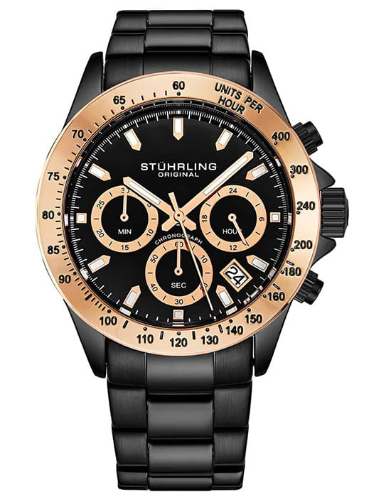 Stuhrling Stuhrling Monaco 3960.8  3960.8 кварцевые мужские часы черный циферблат, браслет нержавеющая сталь с pvd-покрытием — вид спереди