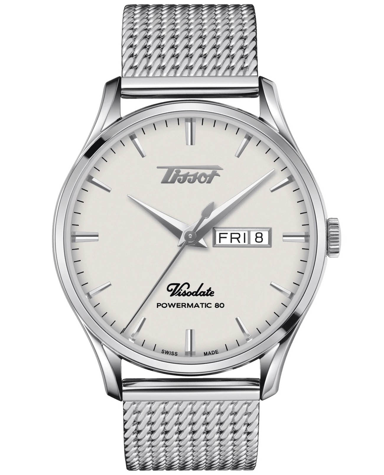 Tissot Tissot Heritage Visodate Powermatic 80 T118.430.11.271.00 Visodate T1184301127100 механические мужские часы белый циферблат, браслет нержавеющая сталь — вид спереди