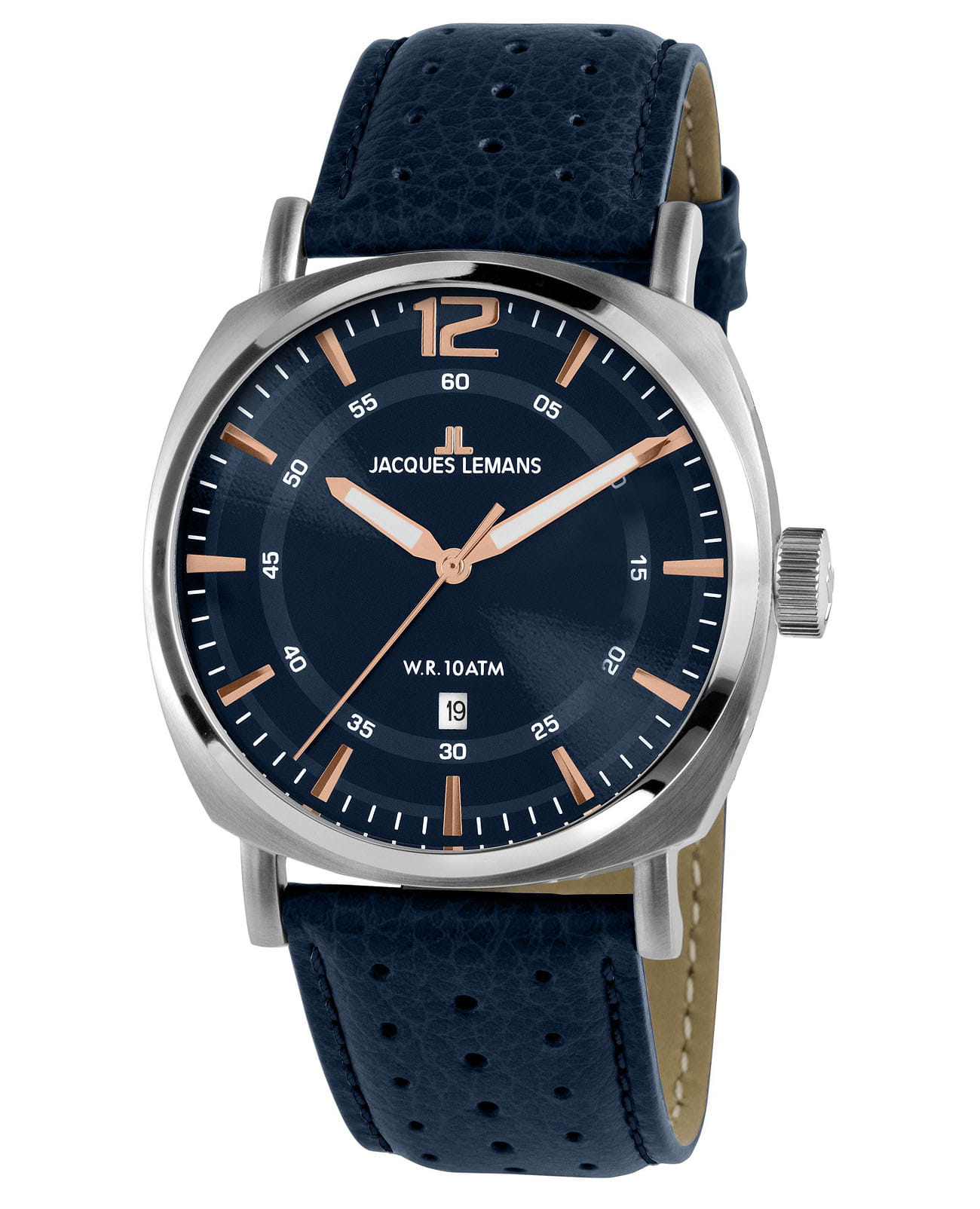 Jacques Lemans Jacques Lemans 1-1943C  1-1943C кварцевые мужские часы синий циферблат, браслет кожаный — вид спереди