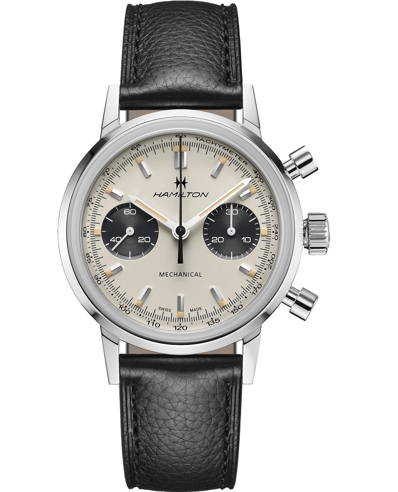 Hamilton Hamilton American Classic Intra-Matic Chronograph H H38429710  H38429710 механические мужские часы белый циферблат, браслет кожаный — вид спереди