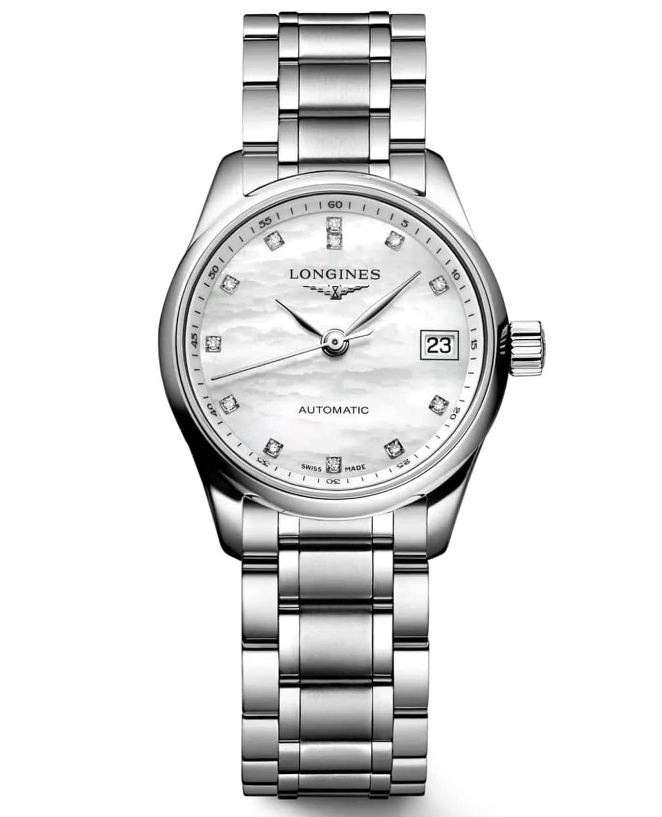 Longines Longines Master Collection L2.128.4.87.6  L21284876 механические женские часы перламутровый циферблат, браслет нержавеющая сталь — вид спереди
