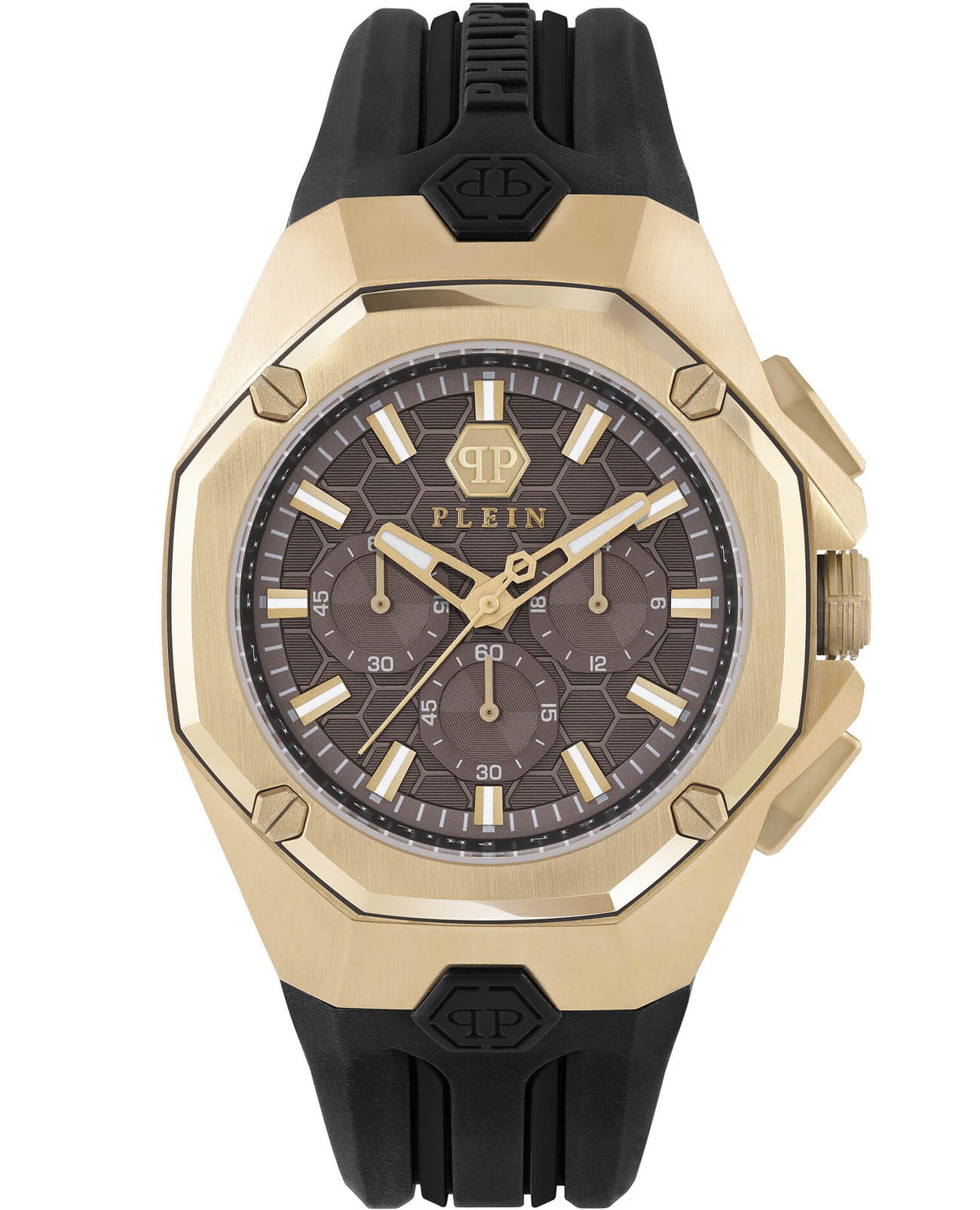 Philipp Plein Philipp Plein Octagon PWTBA0423  PWTBA0423 кварцевые мужские часы черный циферблат, браслет силикон — вид спереди