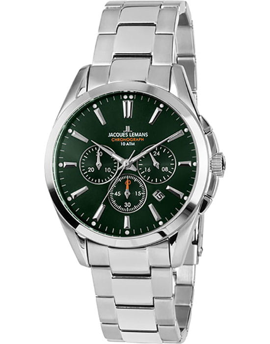 Jacques Lemans Jacques Lemans Classic 1-1945F  1-1945F кварцевые мужские часы зеленый циферблат, браслет нержавеющая сталь — вид спереди