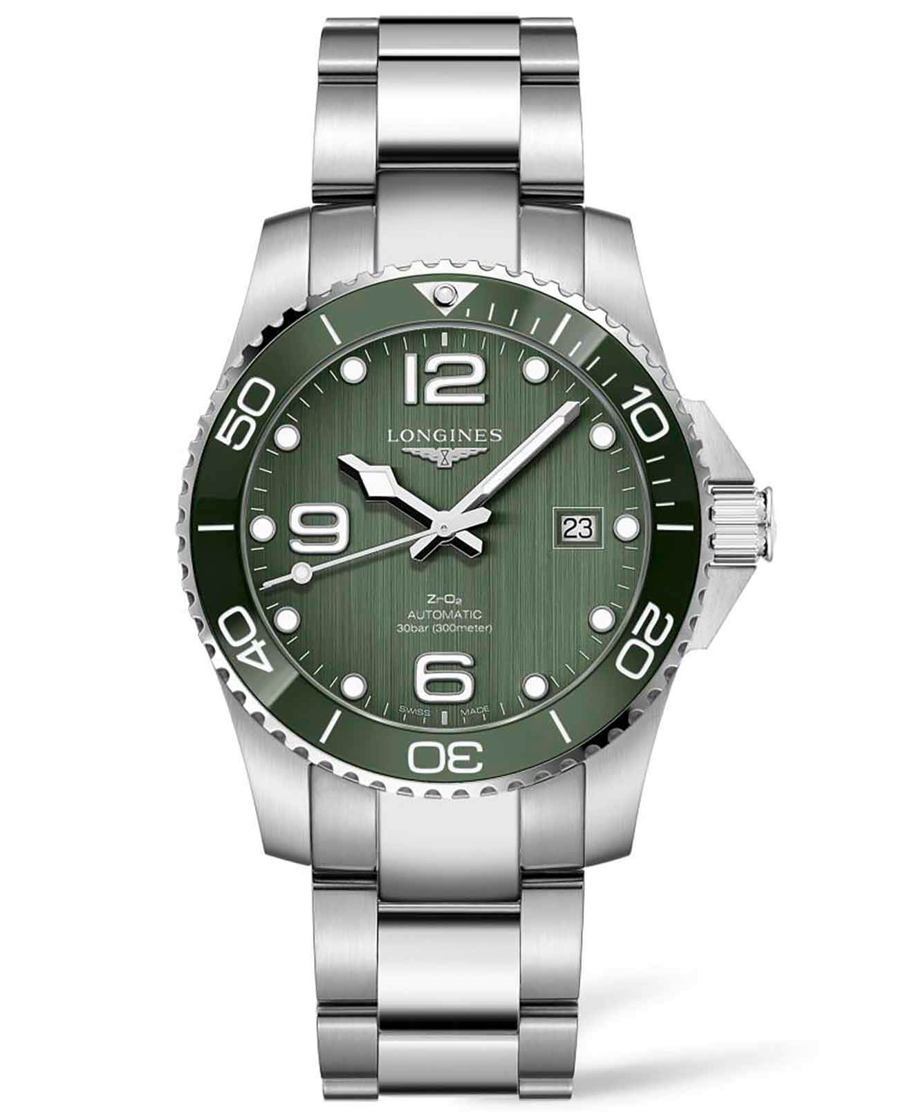 Longines Longines HydroConquest L3.785.4.06.6  L37854066 механические мужские часы зеленый циферблат, браслет нержавеющая сталь — вид спереди