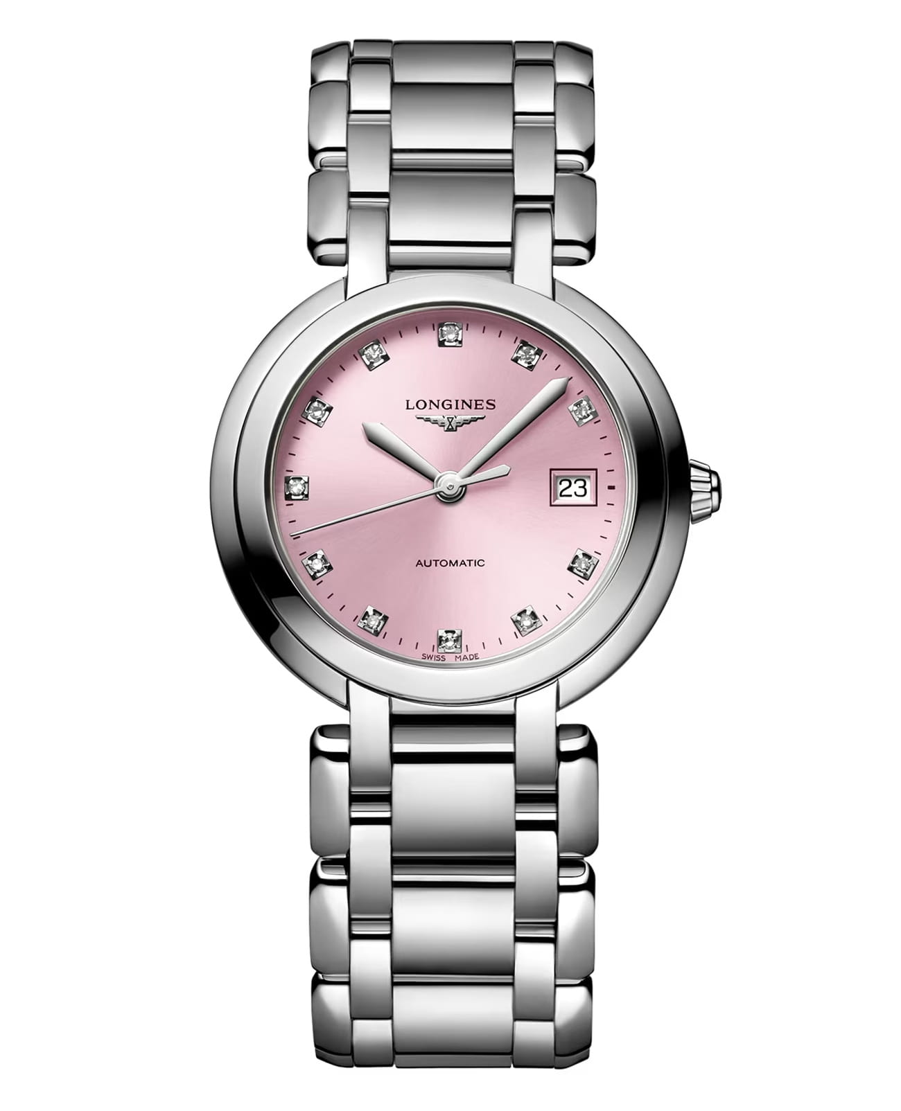 Longines Longines PrimaLuna L8.113.4.99.6  L81134996 механические женские часы розовый циферблат, браслет нержавеющая сталь — вид спереди