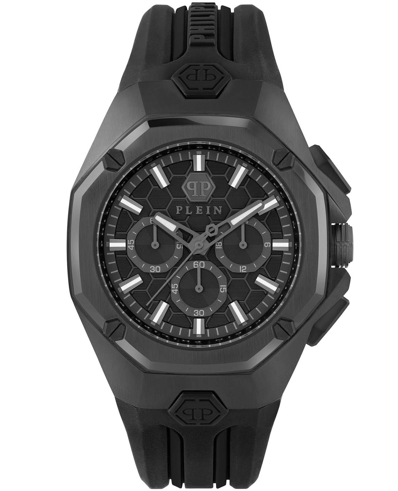 Philipp Plein Philipp Plein Octagon PWTBA0623  PWTBA0623 кварцевые мужские часы черный циферблат, браслет силикон — вид спереди