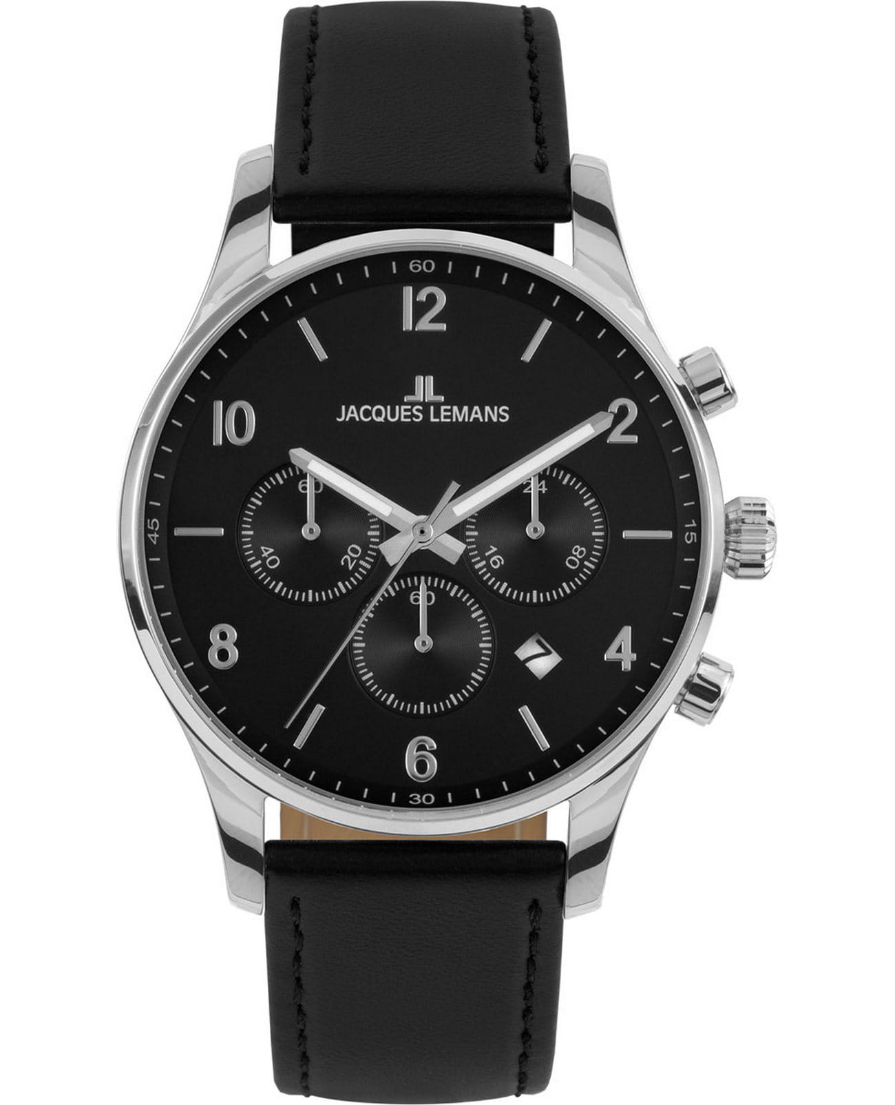 Jacques Lemans Jacques Lemans Classic 1-2126A  1-2126A кварцевые мужские часы черный циферблат, браслет кожаный — вид спереди