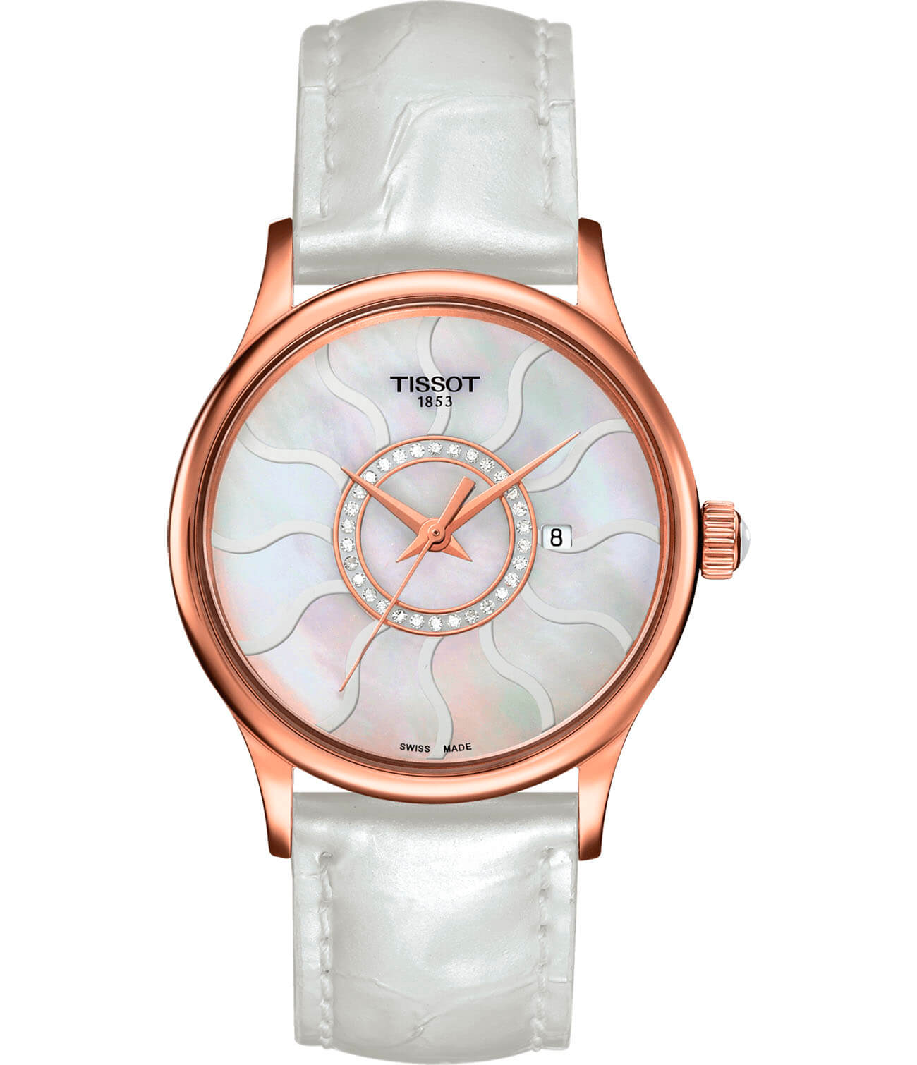 Tissot Tissot Rose Dream Lady 18K Gold T914.210.46.116.00  T9142104611600 кварцевые женские часы перламутровый циферблат, браслет кожаный — вид спереди